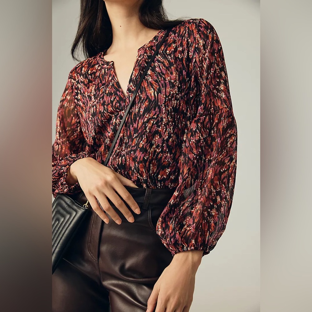 Sarah Hann/Anthropologie-Feather-Print Blouse-Size: Large-Color: Multi-NEW!!